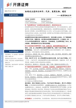 投资策略点评：机构关注度环比回升：汽车、医药生物、