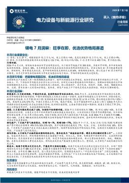 电力设备与新能源行业研究：锂电7月洞察：旺季在即，优选优势格局赛道